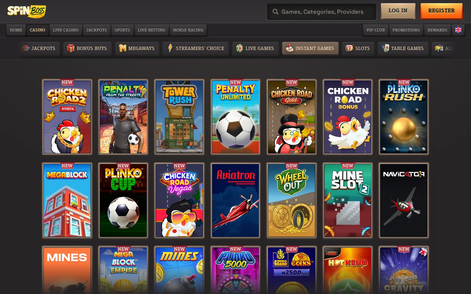 SpinBoss Casino Arcade shelf with instant-game tiles