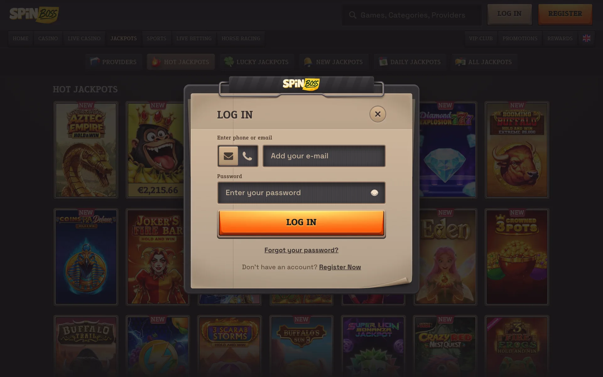 SpinBoss log-in window over the Hot Jackpots lobby